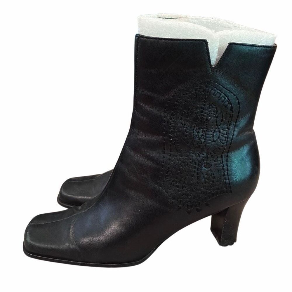 Chico’s Womens Corral Leather Mid Calf Embroidered Boots 8 Black Square Toe